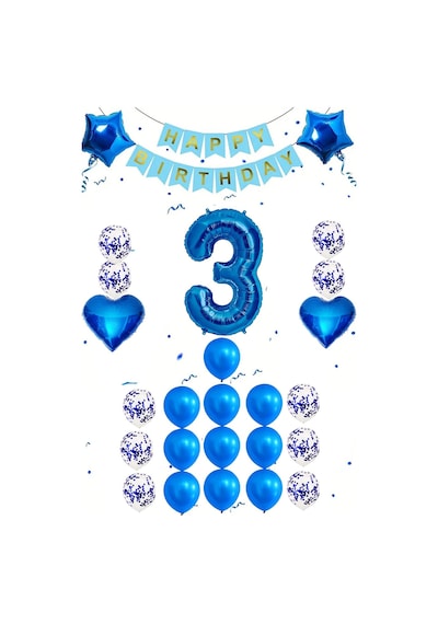 3 Yaş Mavi Konsept Doğum Günü Seti Kalp Yıldız Folyo Balon Set