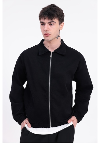 Erkek Gabardin Kumaş Fermuarlı Oversize Beli Lastikli Mevsimlik Ceket-265 Siyah
