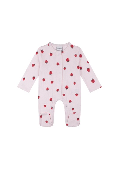 Antebies Organik Pembe Çilek Desenli Çıtçıtlı Uzun Kollu Kız Bebek Patikli Tulum