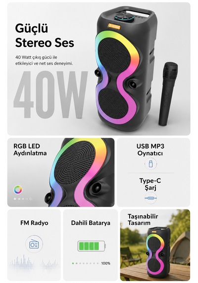 Taşınabilir Mikrofonlu 40w Led Işıklı Bluetooth Hoparlör Seti