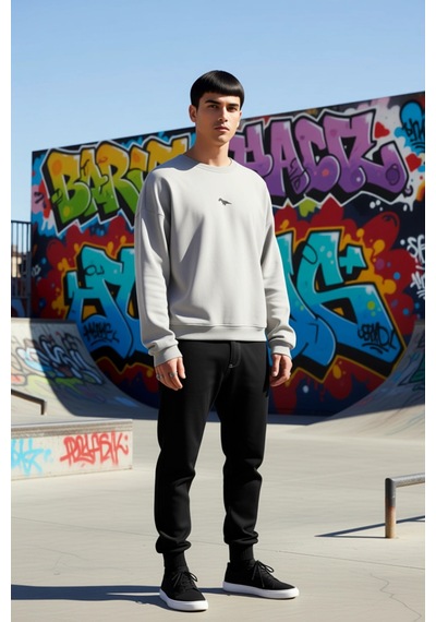 Benerly Erkek Bisiklet Yaka Düşük Kol Nakışlı Oversize Sweatshirt Pamuk Gri