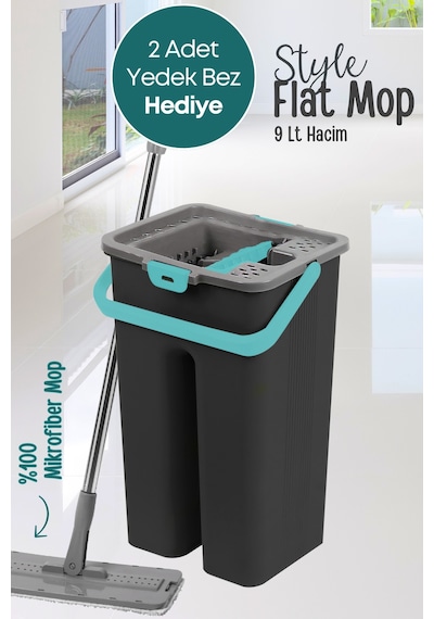Grimorlife Flat Tablet Mop Yer Duvar Silme Temizlik Kova Seti 2 Adet Microfiber Yedek Bez Paspas