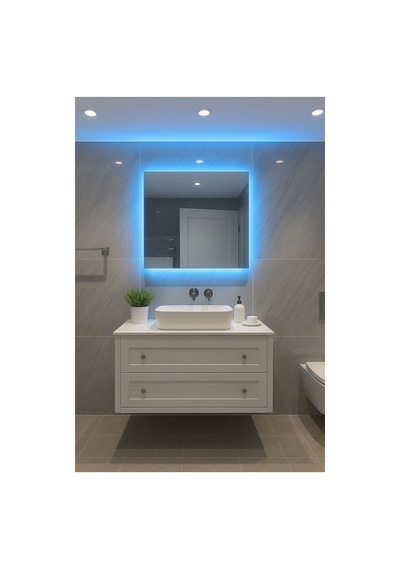Digital Hayat Mavi Led Işıklı Kare Ayna Dekoratif Banyo Makyaj Aynası Mavi