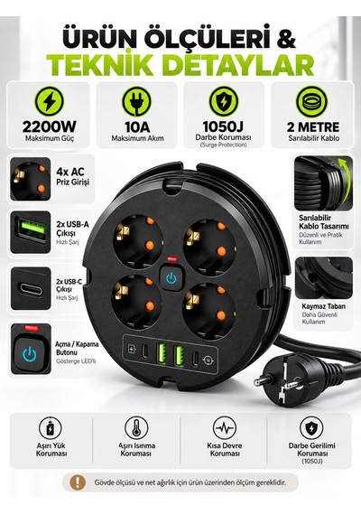 4'lü Akım Korumalı Çoklu Priz 2200w 1050j 2 Usb 2 Type-c 10a 2m Sarılabilir Kablolu 0.2 M