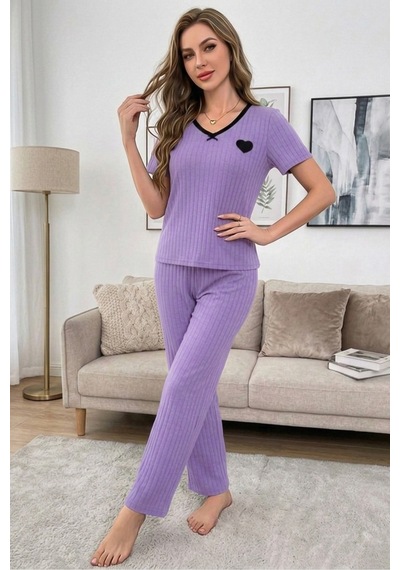 Bella Notte Lila Nakışlı Soft Kısa Kollu Yazlık Pijama Takımı Mor