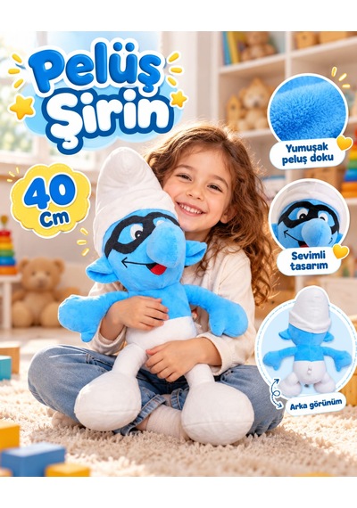 Oyuncak Peluş Şirinler Şirin Baba-şirine-gözlüklü Şirin-gülen Şirin Sevimli Oyun Arkadaşı Hediyelik 40 Cm Mavi - Siyah