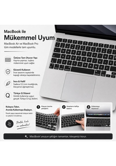 Macbook Air 13.6 İnç M2 M3 M4 M5 A2681 A3113 A3240 A3449 Uyumlu Türkçe Q Klavye Koruyucu Siyah Diğer