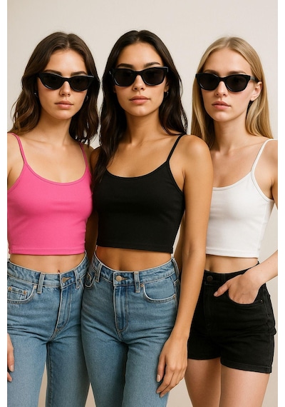 Rich Kadın 3'lü Paket Siyah Beyaz Pembe Kısa Crop İp Askılı Kayık Yaka Krop Bluz Büstiyer Çok Renkli