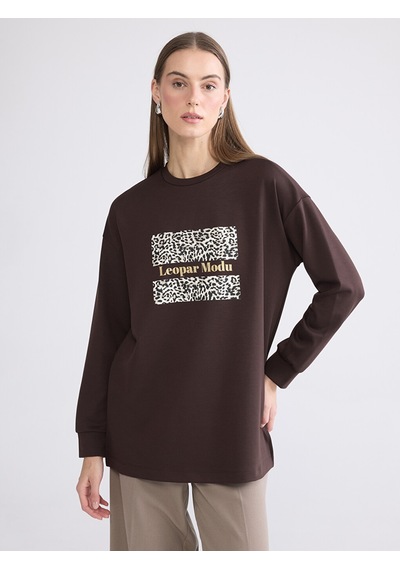 Lcw Everyday Kahverengi Baskılı Oversize Kadın Sweatshirt Tunik
