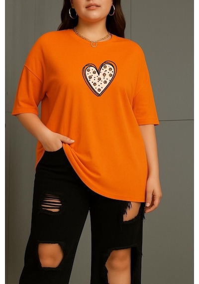 Büyük Beden Kalpli Pati Baskılı Unisex Tişört Turuncu