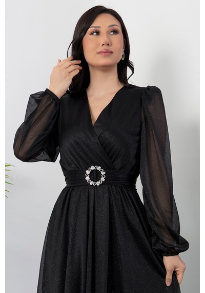 Kalopya Kruze Yaka Simli Tül Elbise Grs3590 Siyah