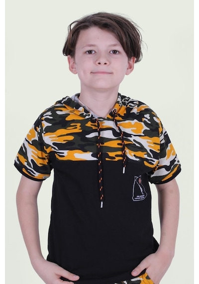 Panios Kids Kapşonlu Kamuflaj Desen Erkek Çocuk T-shirt Sarı