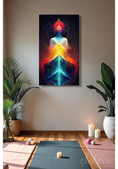 Dekoratif Dikey Kanvas Tablo Tekli Yoga Salonu Ev Ofis Enerji Akışı Çakralara Sahip İnsan Silüeti 2177