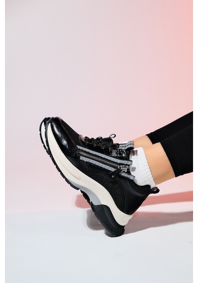 Luvishoes Oude Siyah Kadın Fermuarlı Kalın Taban Spor Sneakers Siyah