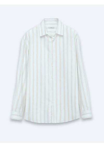 Kip Açık Bej Çizgili Oversize Fit Uzun Dokuma Casual Keten Karışımlı Gömlek