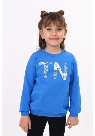 Toontoy Kız Çocuk Relax Fit Bisiklet Yaka Hafif Düşük Omuz Baskılı Sweatshirt - 2 İplik Koyu Mavi
