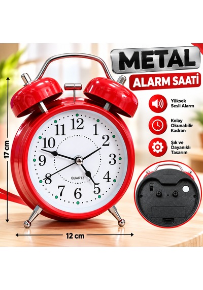 Metal Çalar Saat 12x17 Cm Yüksek Sesli Alarm, Şık Ve Dayanıklı Tasarım Kırmızı