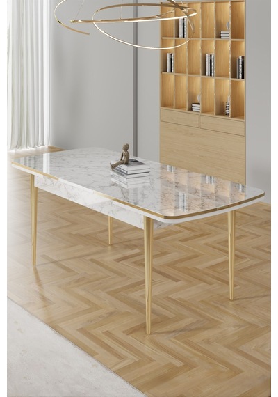 Canisa Rada Serisi 80x132 Açılabilir Lak Panel Beyaz Mermer Desen Masa 6 Krem Sandalye Gold Detay Masa Beyaz Mermer Desen Sandalye Krem Canisa Rada Serisi 80x132 Açılabilir Lak Panel Beyaz Mermer Desen Masa 6 Krem Sandalye Gold Detay Masa Beyaz Mermer Desen Sandalye Krem