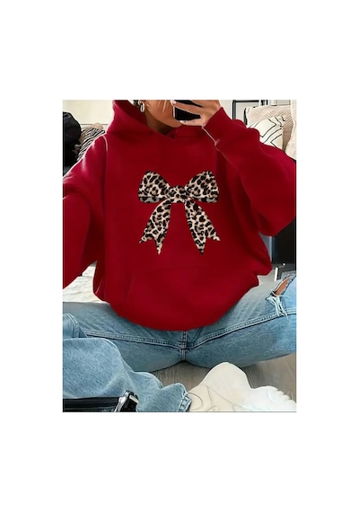 Herkesemoda Leopar Kurdele Baskılı Kapüşonlu Sweatshirt Kırmızı
