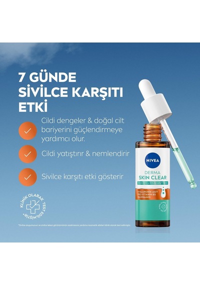 Derma Skin Clear Dengeleyici Ve Sivilce Karşıtı Serum 30ml, Cildi Yatıştırır, Komedojenik Değildir,niasinamid, Hyaluronik Asit, Pro Vitamin B5,yağlı,karma Cilt