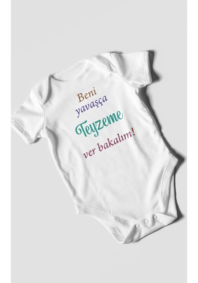 Beni Yavaşça Teyzeme Ver Bakalım Baskılı Bebek Zıbını Çıtçıtlı Body %100 Pamuk Kısa Kol Beyaz