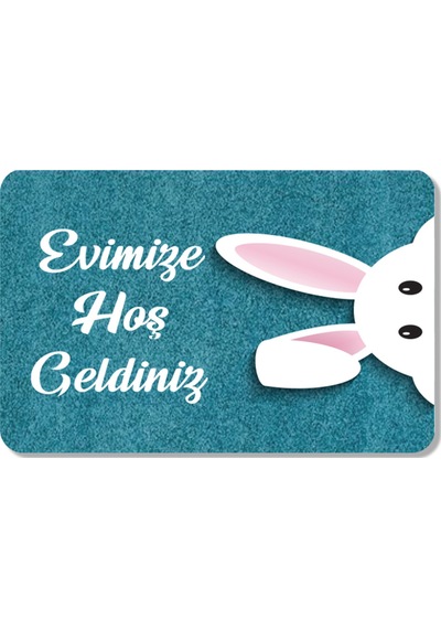 Dijital Baskılı Kapı Önü Paspas Hoşgeldiniz Yazılı Çiçek Desen Ve Tavşan Iç Ve Dış Kapı Yıkanabilir Lacivert