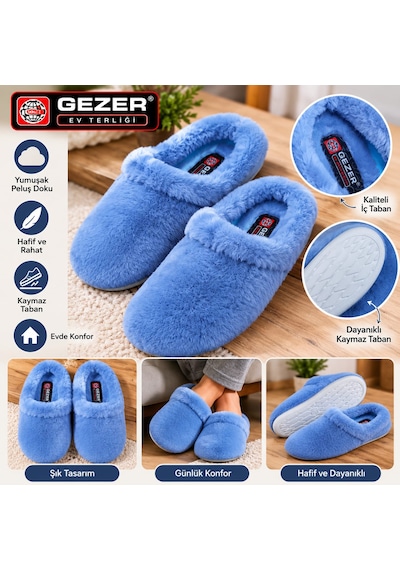 Gezer Kadın Peluş Ev Terliği Kaymaz Taban Yumuşak Tüylü Kışlık Ev İçi Terlik Mavi Açık Mavi