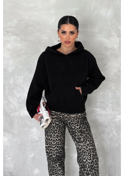 Femelle Kadın Siyah Standart Beden Kapüşonlu Peluş Triko Sweatshirt