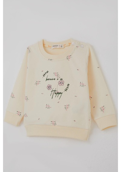 Breeze Kız Bebek Eşofman Takımı Pembe Çiçek Desenli 6 Ay-2 Yaş, Krem Krem