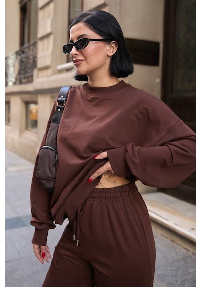 Mezka Regular Fit 2'li Takım Sweatshirt Beli Lastikli Jogger Eşofman Altı Kahverengi
