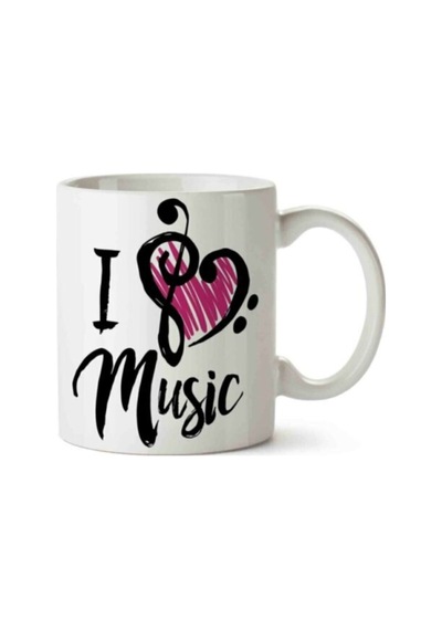 Beyaz I Love Music Kalp Baskılı Kupa