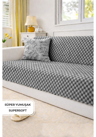 Aron Kürklü Koltuk Örtüsü 170x215 Cm Yumuşak Peluş Lüks Kaymaz Taban Kanepe Örtüsü Gri Antrasit