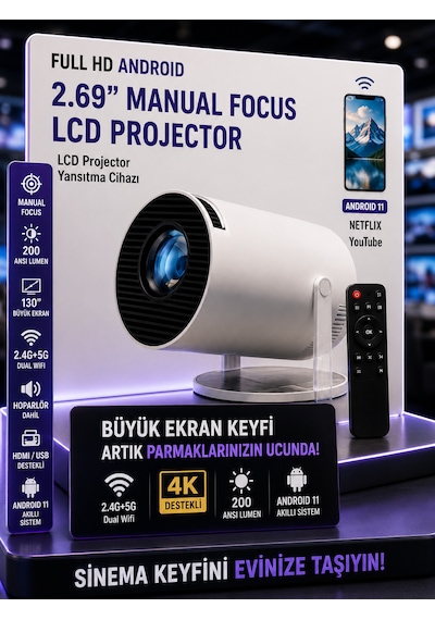 Android Wifi 4k Uhd Projektör 2.69 İnç Lcd 2.4g+5g Projeksiyon Kumandalı Ev Sinema Sistemi