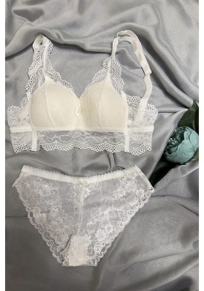Kadın Üçgen Dantel Bralet Desteksiz Sütyen Takım Ekru