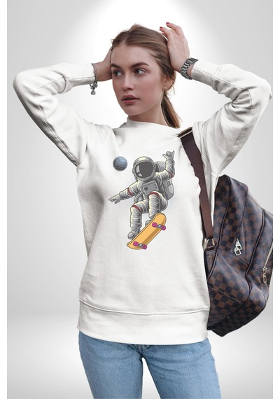Atronot Kaykay Uzay Mars Unisex Beyaz Baskılı Sweatshirt Beyaz