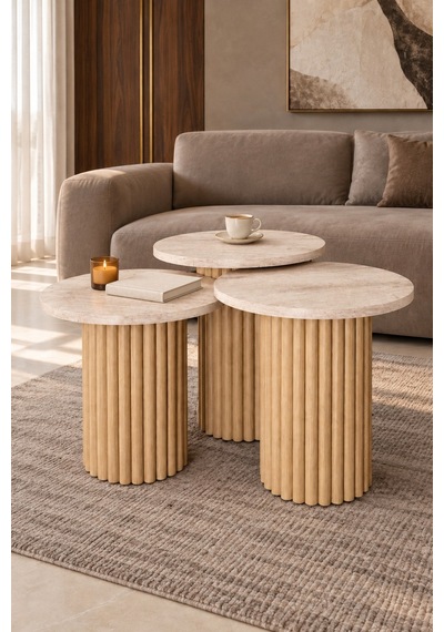 Soyasis Livia Bohem 3'lü Zigon Sehpa 40 Cm - Traverten
