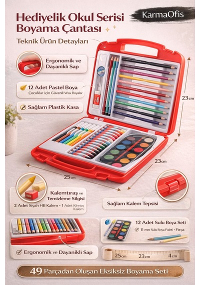 Hediyelik Okul Serisi 49 Parça Boyama Seti Çantalı Sulu Boya, Pastel, Keçeli Ve Kuru Boya Seti