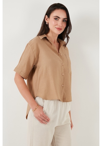 Lela Regular Fit Göğüs Cepli Kısa Kollu Bayan Gömlek 6779324 Bisküvi
