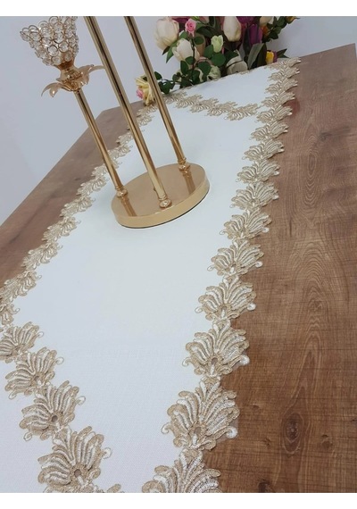 Jadelin Gold Güpürlü Keten Kumaş Runner Krem 48x145 Cm 1141 Krem
