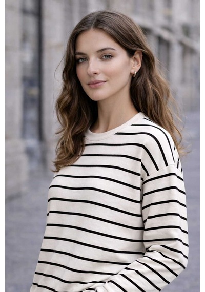 Tenra Oversize Geniş Kalıp Kadın Sweatshirt Bisiklet Yaka Basic Çizgili Siyah