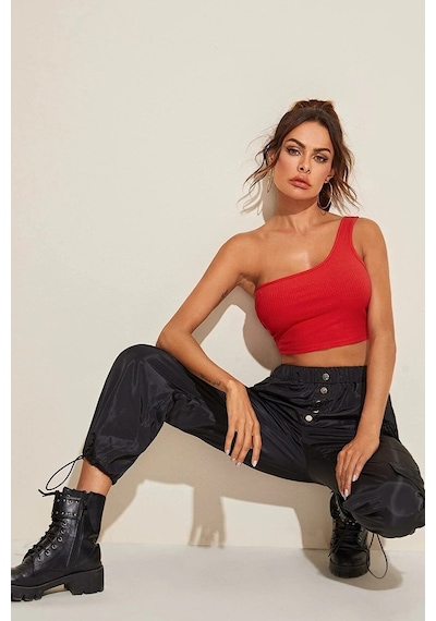 Moon Wear Kadın Kırmızı Tek Omuz Crop Büstiyer Kırmızı