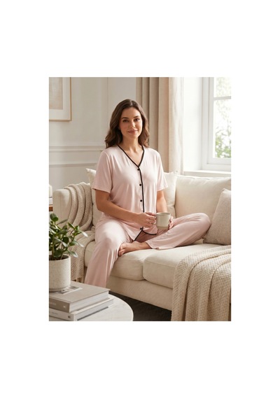 Hafsara Viscoz Yumuşak Dokulu Önden Düğmeli Sabahlıklı Lohusa Pijama Takımı Pembe