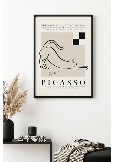 Doğal Ahşap Çerçeveli Minimalist Kedi Desenli Tablo - Siyah-beyaz Huhu1115