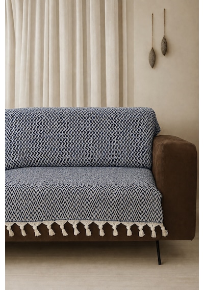 Lunga Vita Başak Desen Dokuma %100 Pamuklu Çok Amaçlı Pike Koltuk Örtüsü 180x230 Indigo
