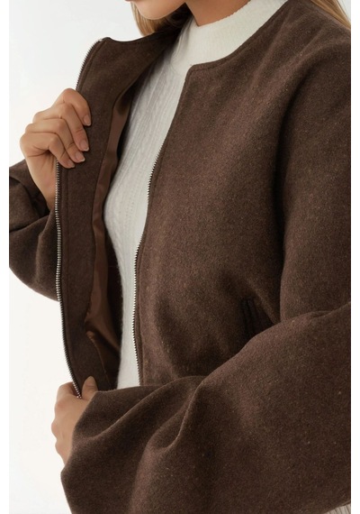 Hiccup Fermuarlı Oversize Kaşe Bomber Ceket Koyu Mocha Kahve