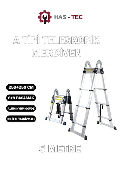 Teleskopik Merdiven A Tipi Uzayan 5 Metre 8+8 Basamaklı Alüminyum