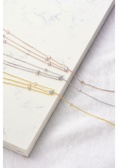 Queen Silver Jewelry 925 Ayar Gümüş, Zirkon Taşlı, Gümüş Çubuklu X Model Vücut Zinciri Altın