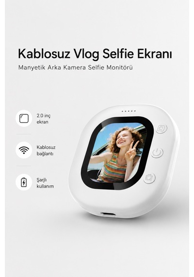 Manyetik Arka Kamera Selfie Ekranı 2.0 İnç Kablosuz Mini Vlog Monitörü Şarjlı Telefon Aksesuarı Beyaz
