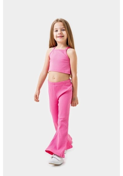 Magu Kız Çocuk Pembe Fitilli Crop Tayt Takım