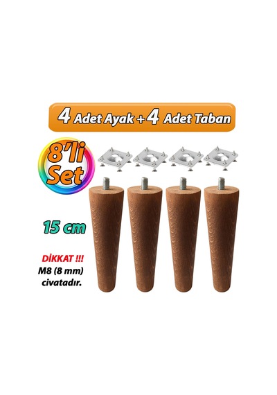 Ahşap Ayak 15 Cm 8'li Set Koyu Meşe M8 Civatalı Bağlantı Aparatlı Dolap Mobilya Koltuk Kanepe Destek Ayağı Ayakları Koyu Meşe